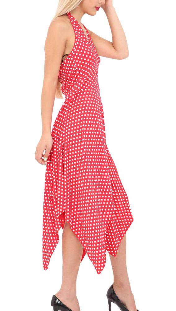 New Printed Polka Dot Halter Neck Ladies Backless Hanky Hem Dress UK 8-26