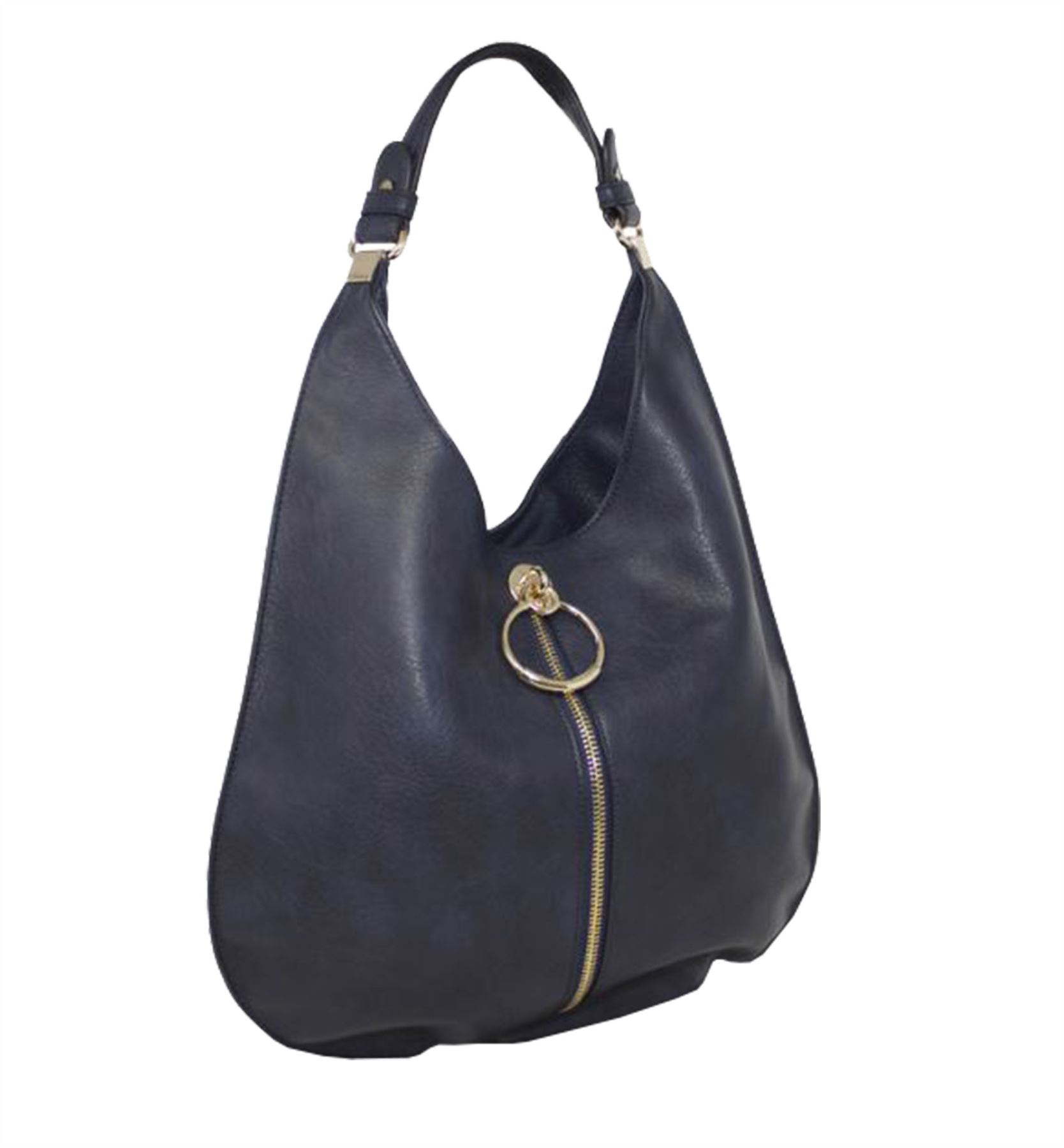 New Faux Leather Hoop Zip Detail Ladies Fashion Hobo Shoulder Bag