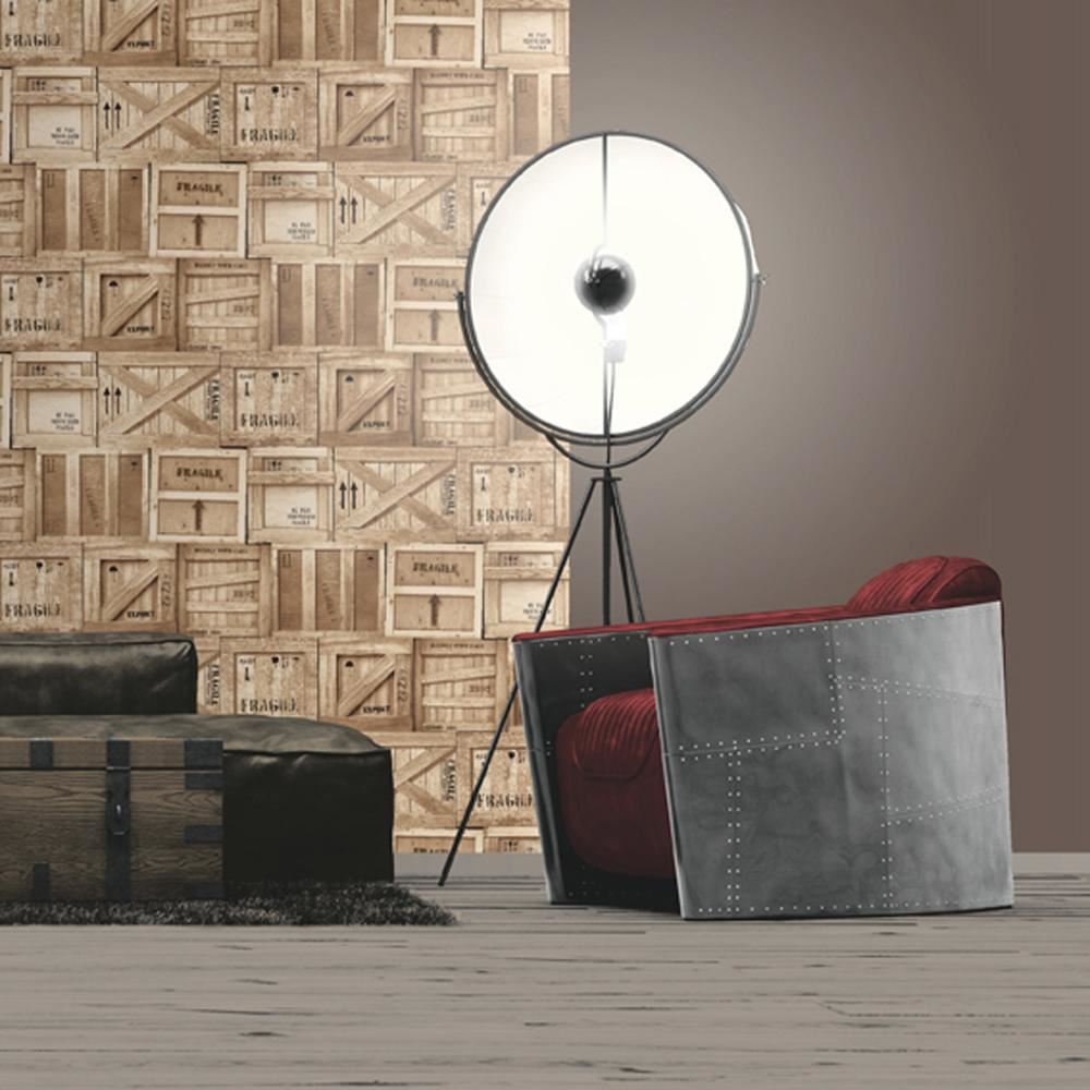 NEW MURIVA WOODEN CRATES PATTERN FACTORY BOX MOTIF REALISTIC MURAL WALLPAPER