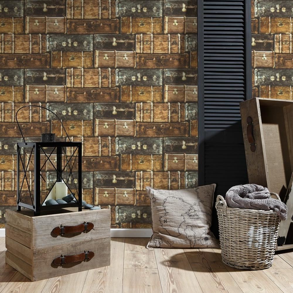 AS Creation Vintage Luggage Pattern Wallpaper Retro Suitcase Faux Effect Texture