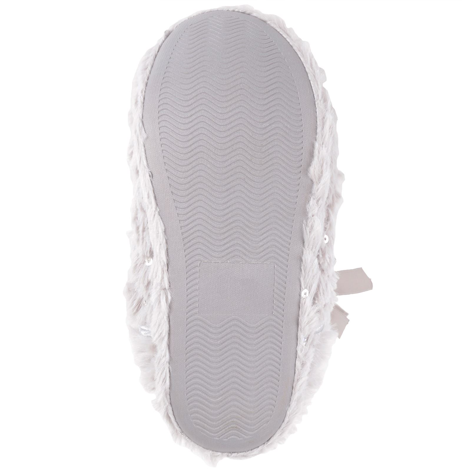 Ladies Faux Fur Bootie Slippers Fleece Lining Sequins Satin Bow Grey Or Cream