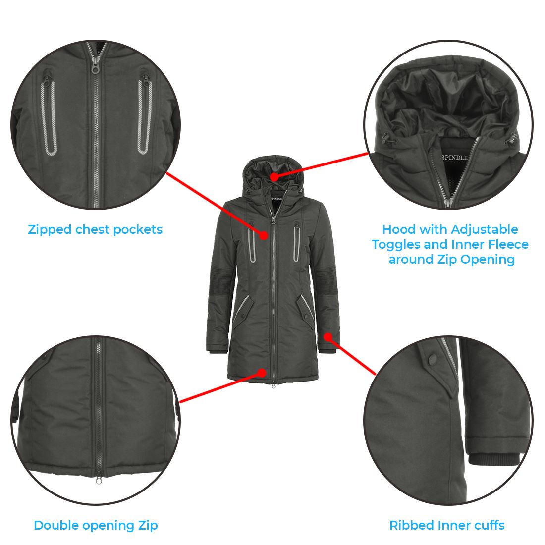 Boys Childrens Spindle Padded Winter Long Coat Jacket Youths School Zip Pockets