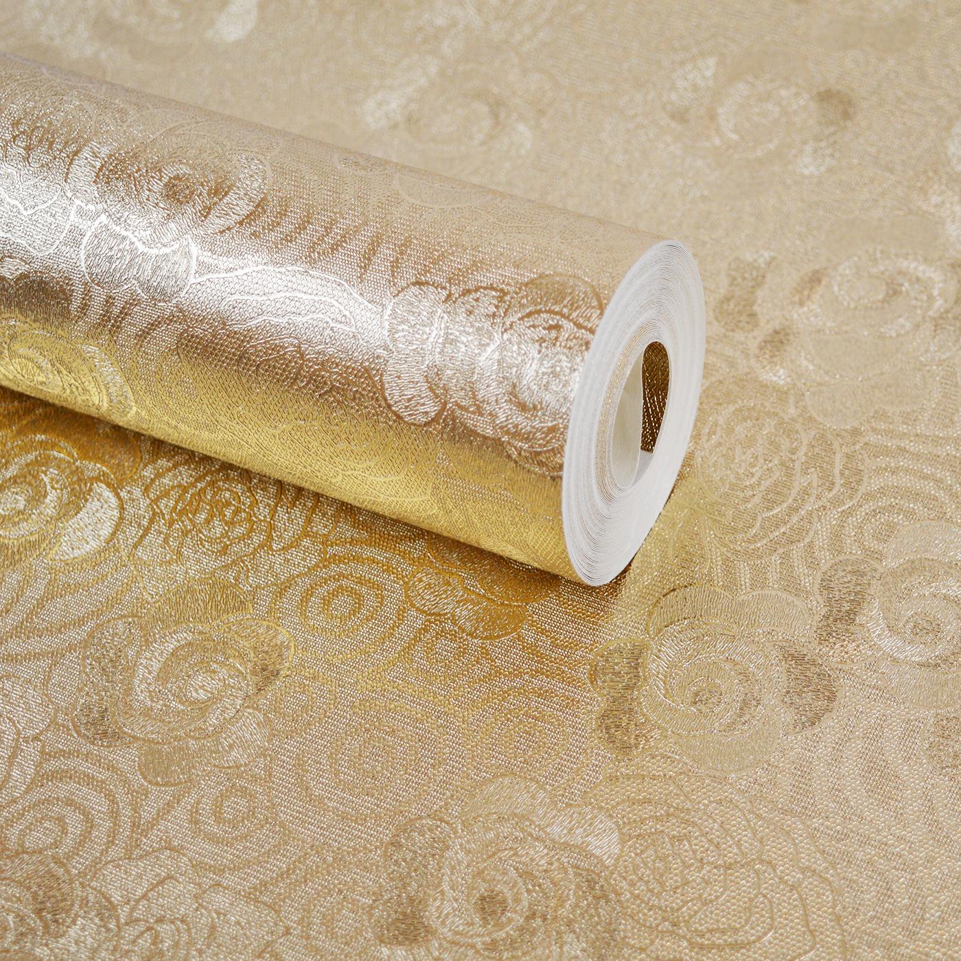 Champagne Foil Effect Wallpaper Metallic Textured Vinyl Floral Damask Stripe