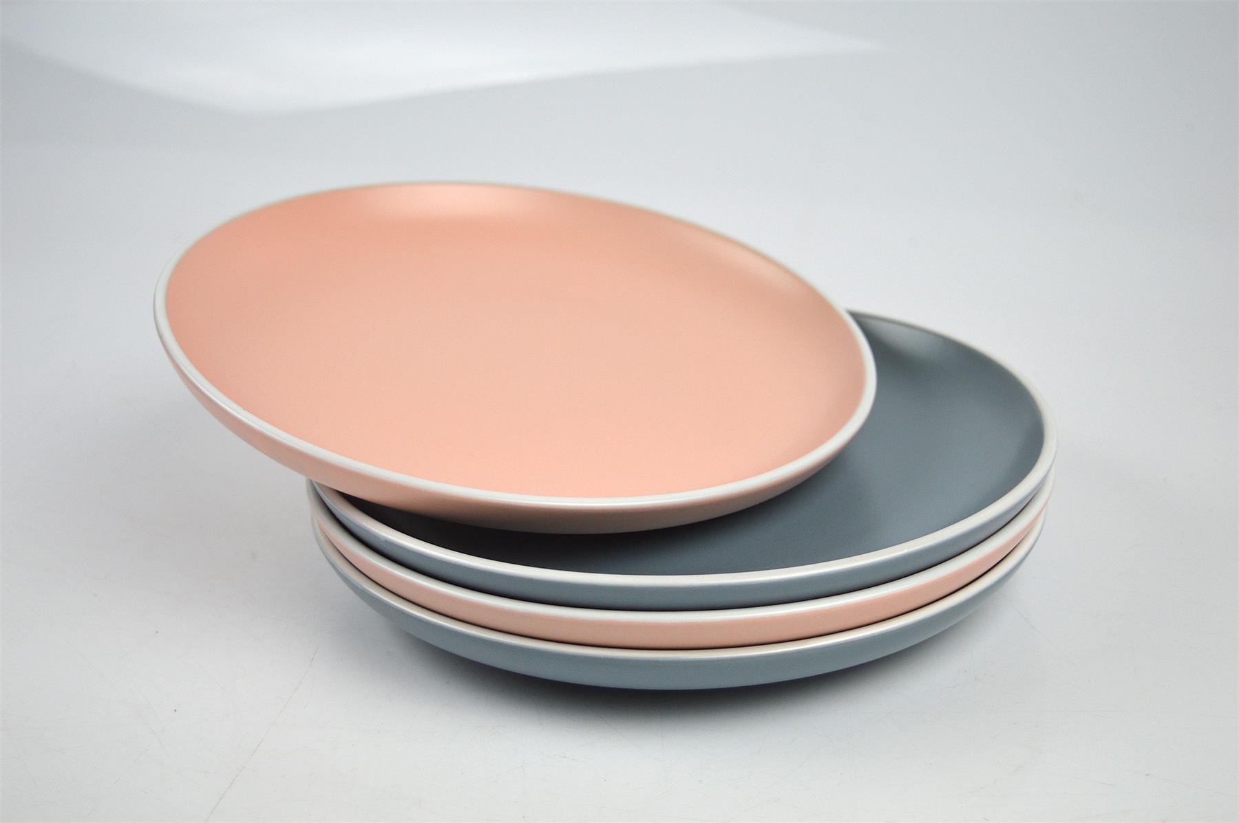 Lot de 4 petites assiettes Gris Rose Dessert Dîner Ronde Blanc Jante en grès