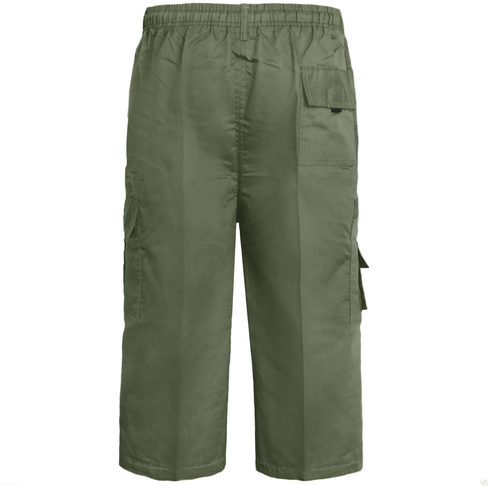 MENS PLAIN ELASTICATED 3//4 SHORTS CARGO COMBAT POCKETS SUMMER BEACH COTTON PANTS