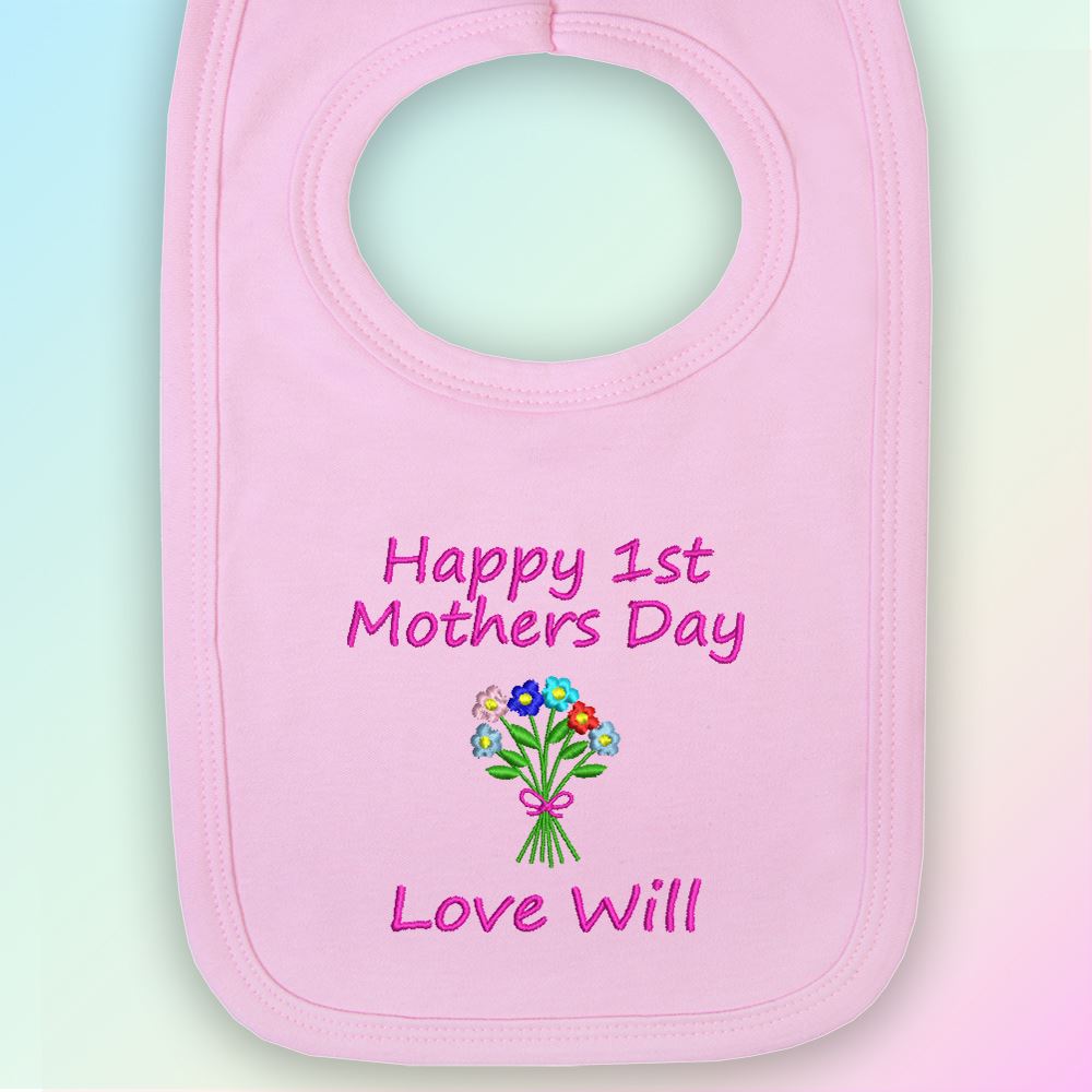 happy 1st mothers day - flowers embroidered baby pull-over bib