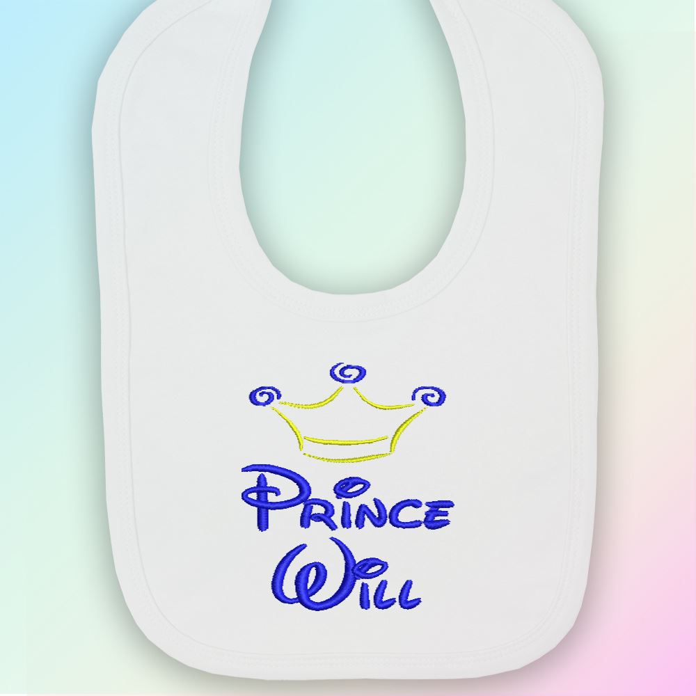 crown, prince & name embroidered baby bib gift personalised boy