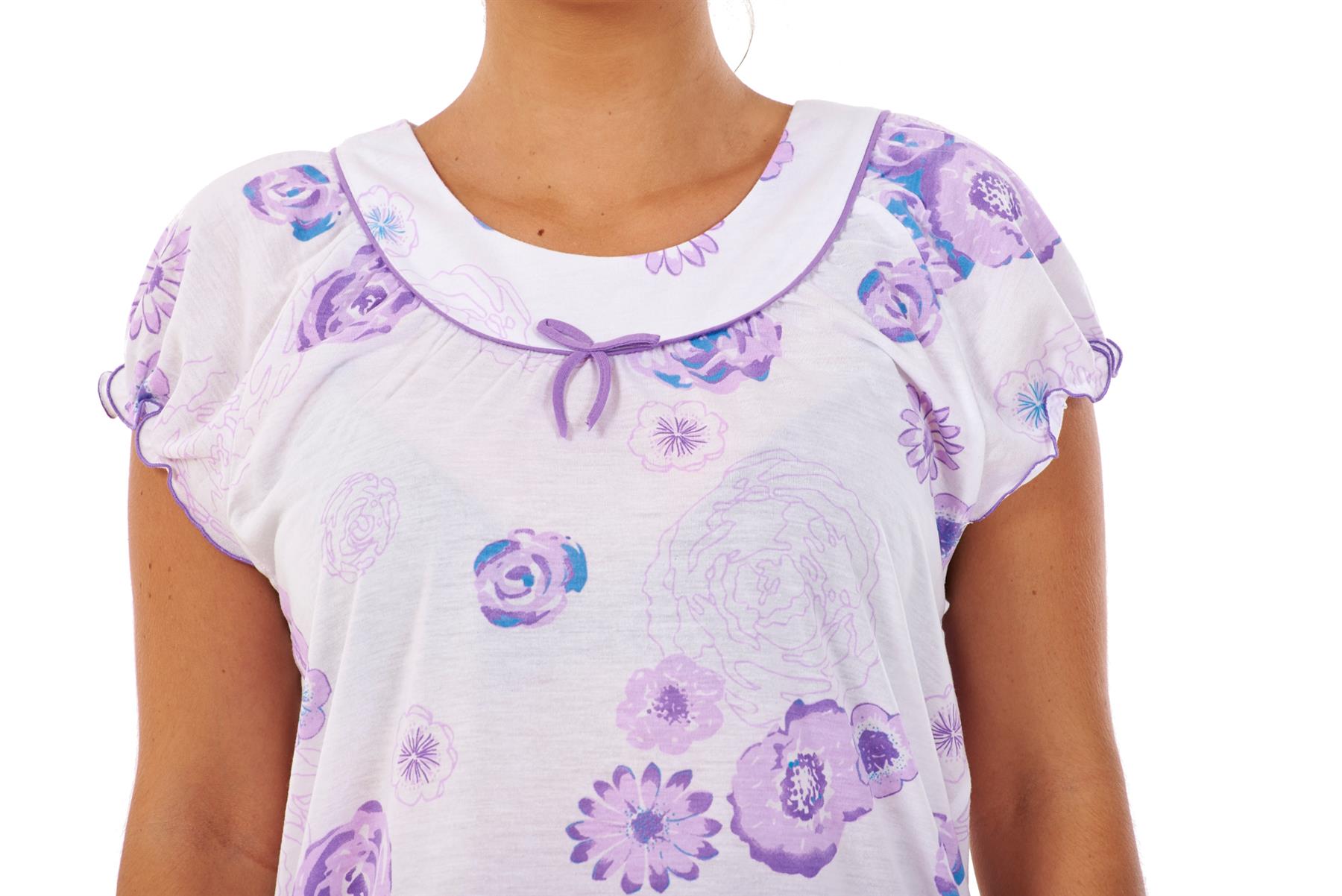 Ladies Pyjama Set Short 100/% Cotton Cap Sleeve Floral Crew Neck Loungewear S-3XL