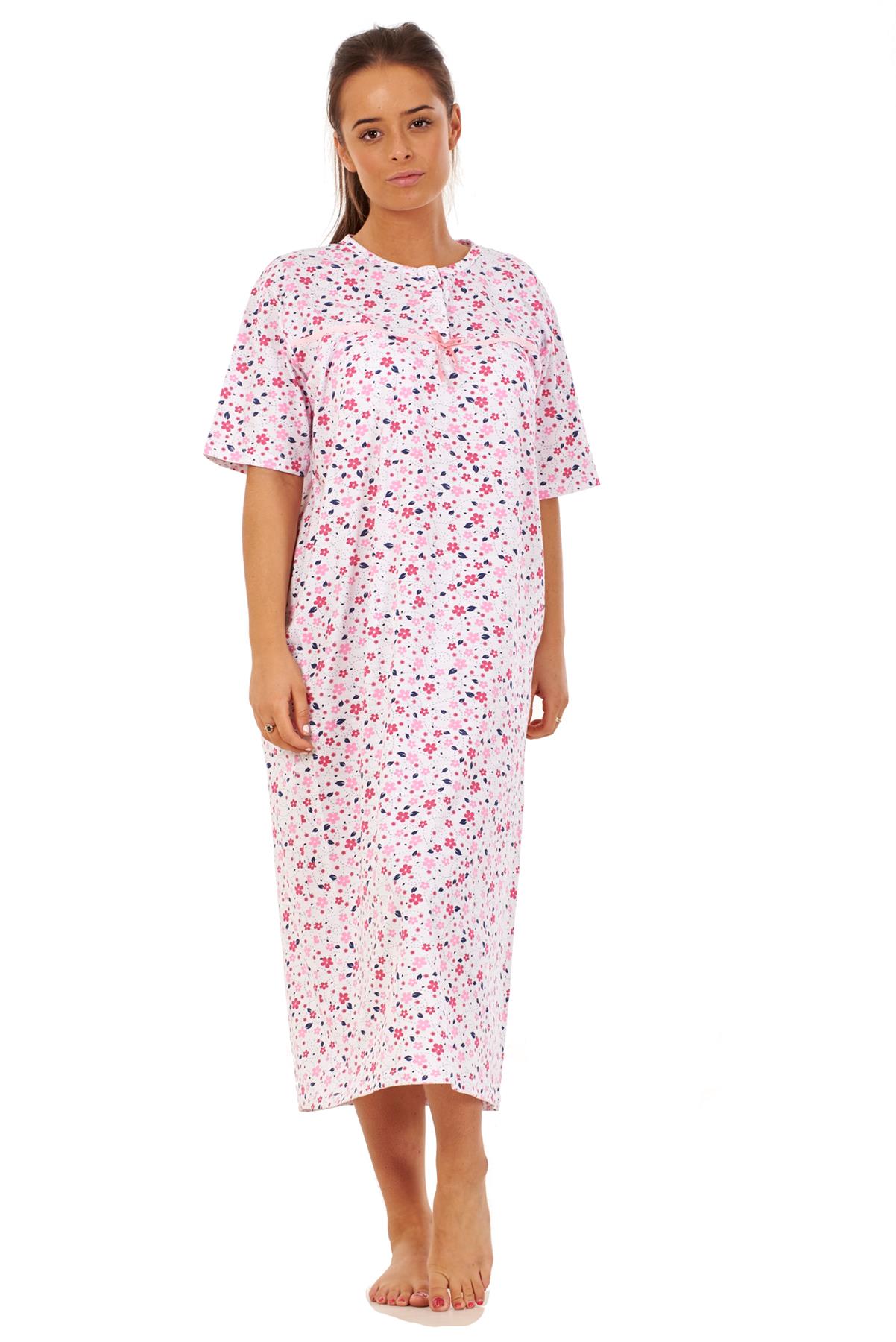 Women Cotton Long Nightdress Floral Button Short Sleeve Soft Nightwear M to 3XL