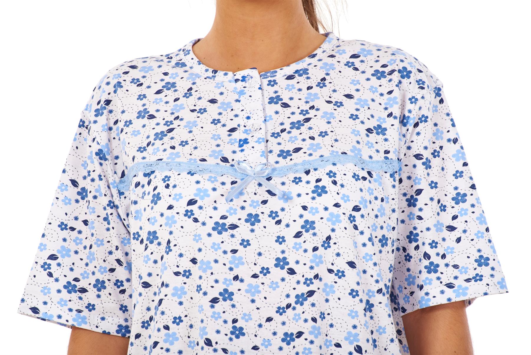 Women Cotton Long Nightdress Floral Button Short Sleeve Soft Nightwear M to 3XL