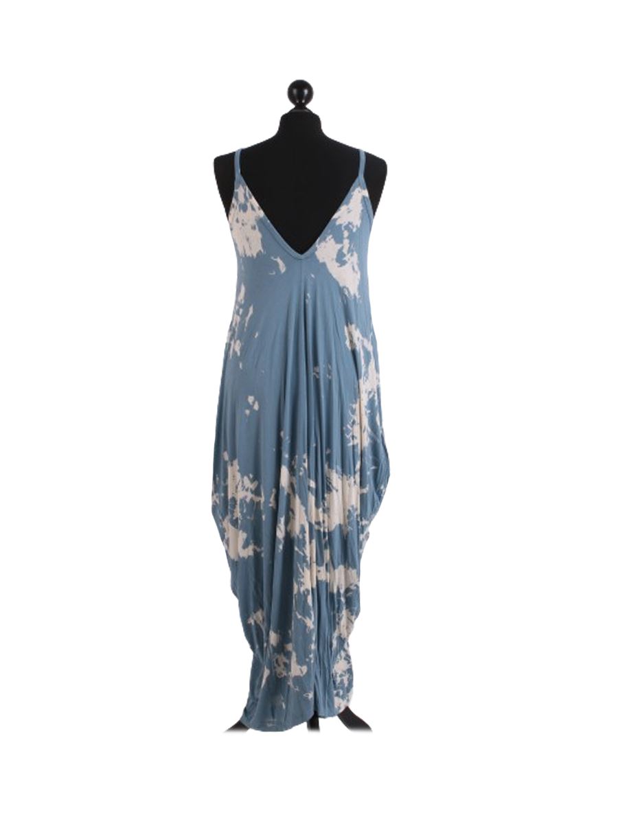 Womens Italian Tie Dye Print Classy Pointy Sides Sphagetti Cami Long Maxi Dress