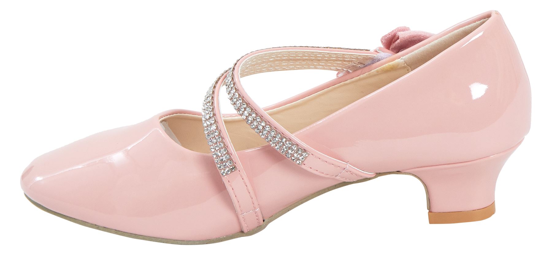 Kids Girls Diamante Patent Embellished Low Mid Heel Party Bridesmaid Shiny Shoes