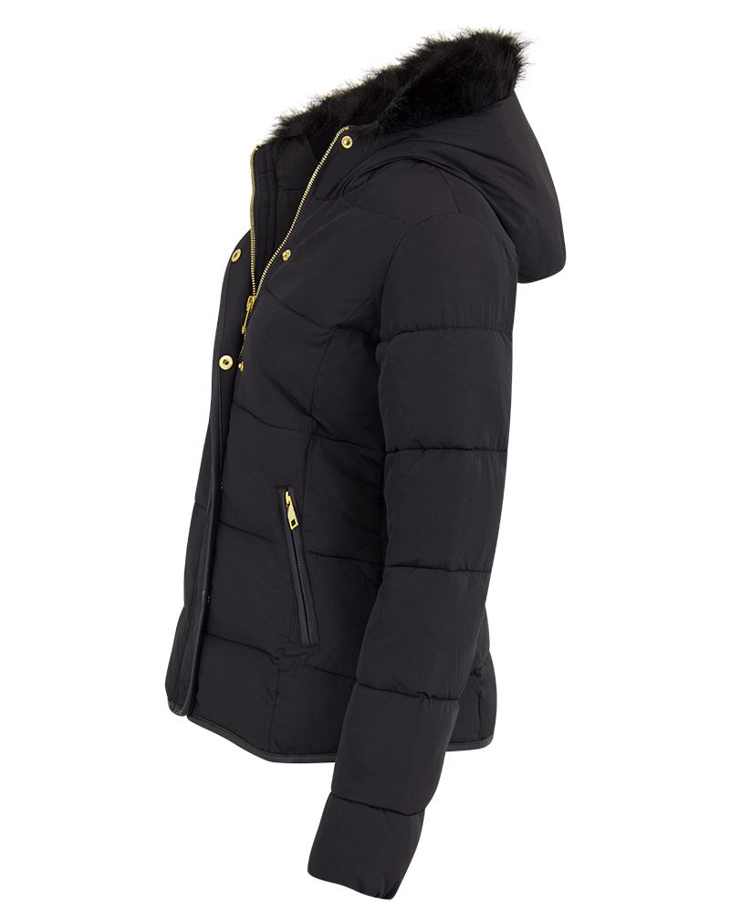 New Womens Girls Quilted Padded Fur Hooded Zip Long Sleeve Coat Button Jacket