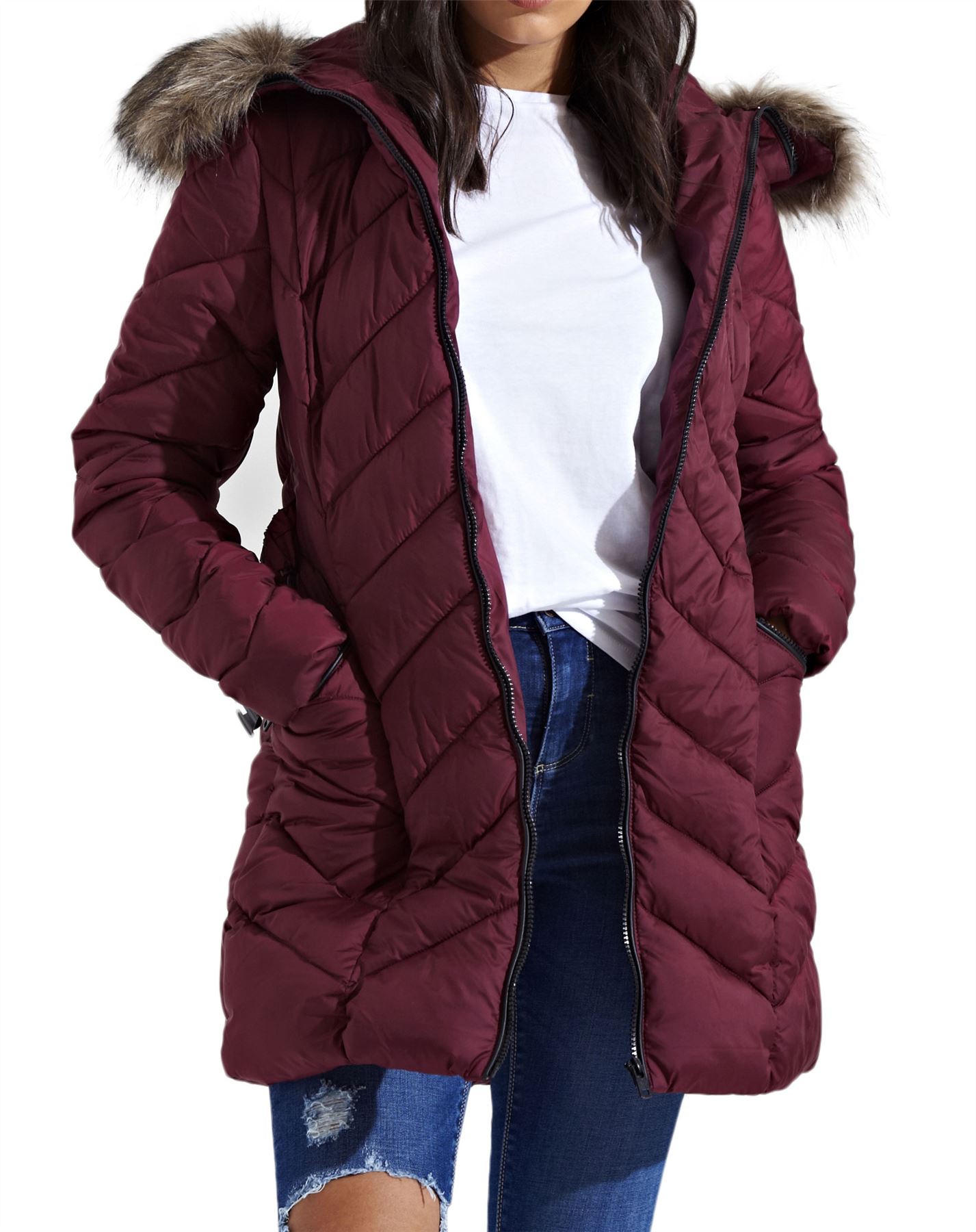 New Womens Padded Zig Zag Quilted Puffer Long Fur Hood Premium Parka Coat Jacket