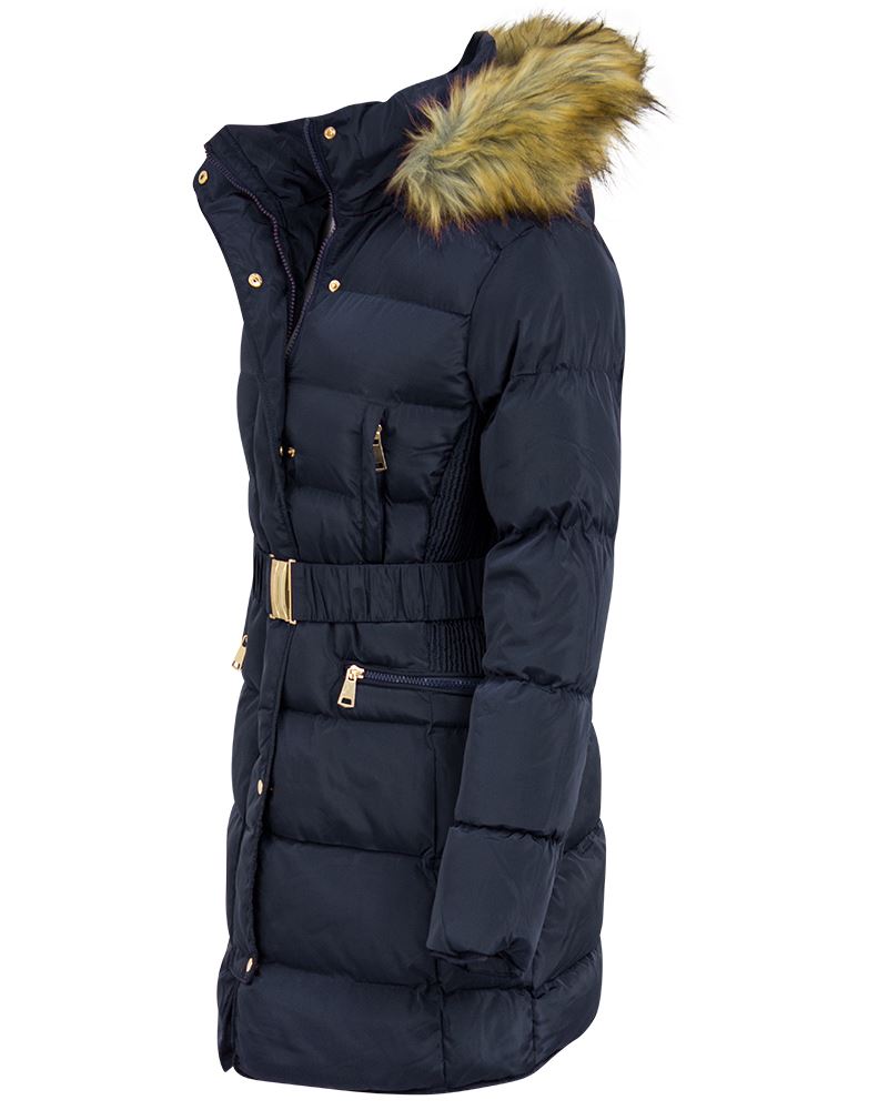 NUOVA linea donna giacca cappotto parka pelliccia cappuccio Lato Increspato Lungo cappotto di moda in poliestere