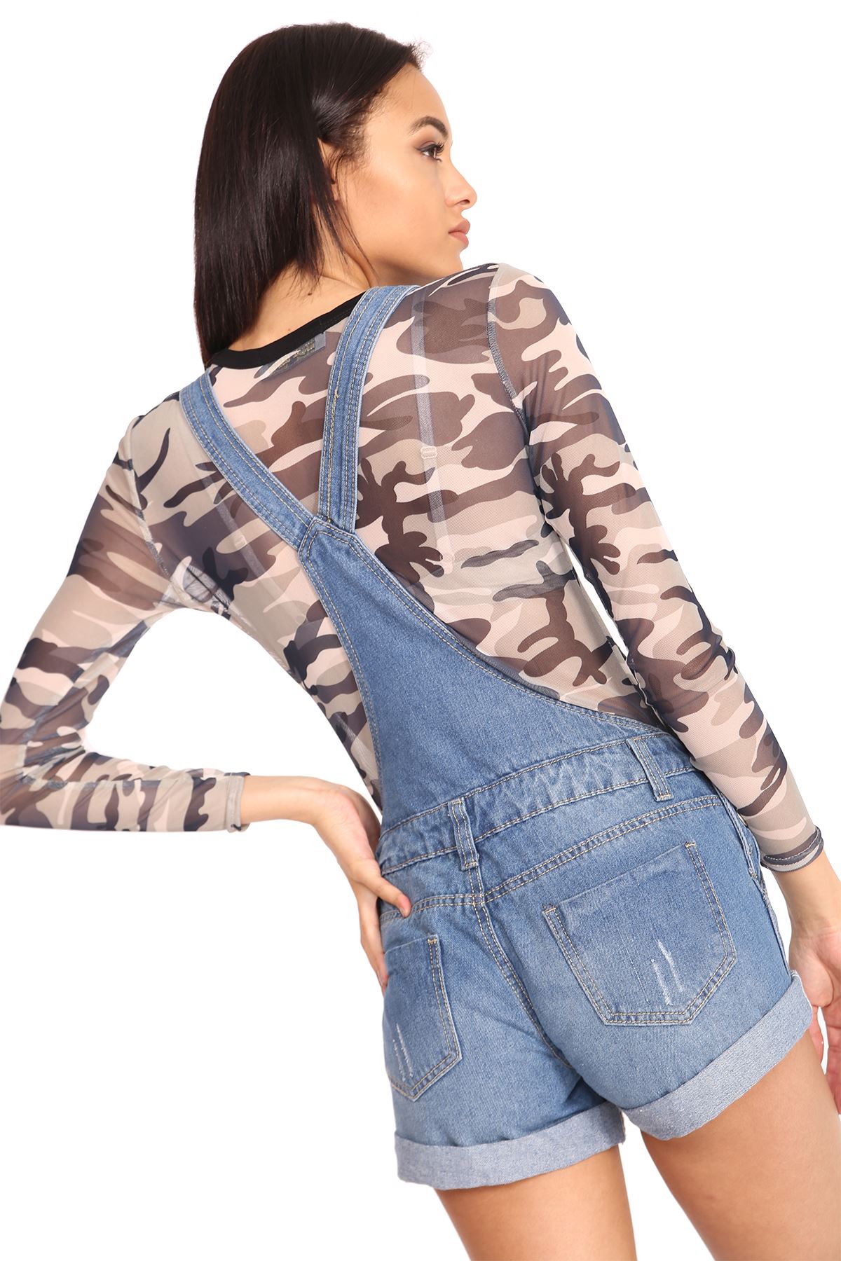 New Womens Ripped Distressed Pouch Pocket Cotton Denim Buttoned Dungaree Shorts