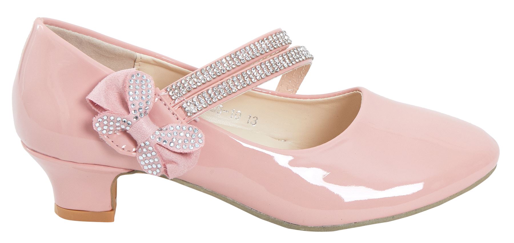 Kids Girls Diamante Patent Embellished Low Mid Heel Party Bridesmaid Shiny Shoes