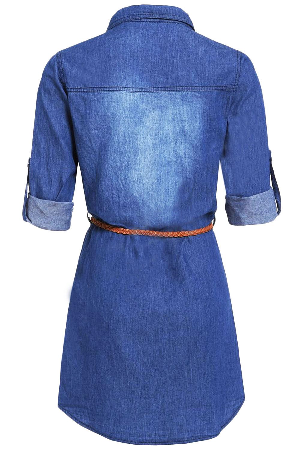 Womens Ladies DENIM BLUE Belt Vintage Long Sleeve Shirt Dress UK