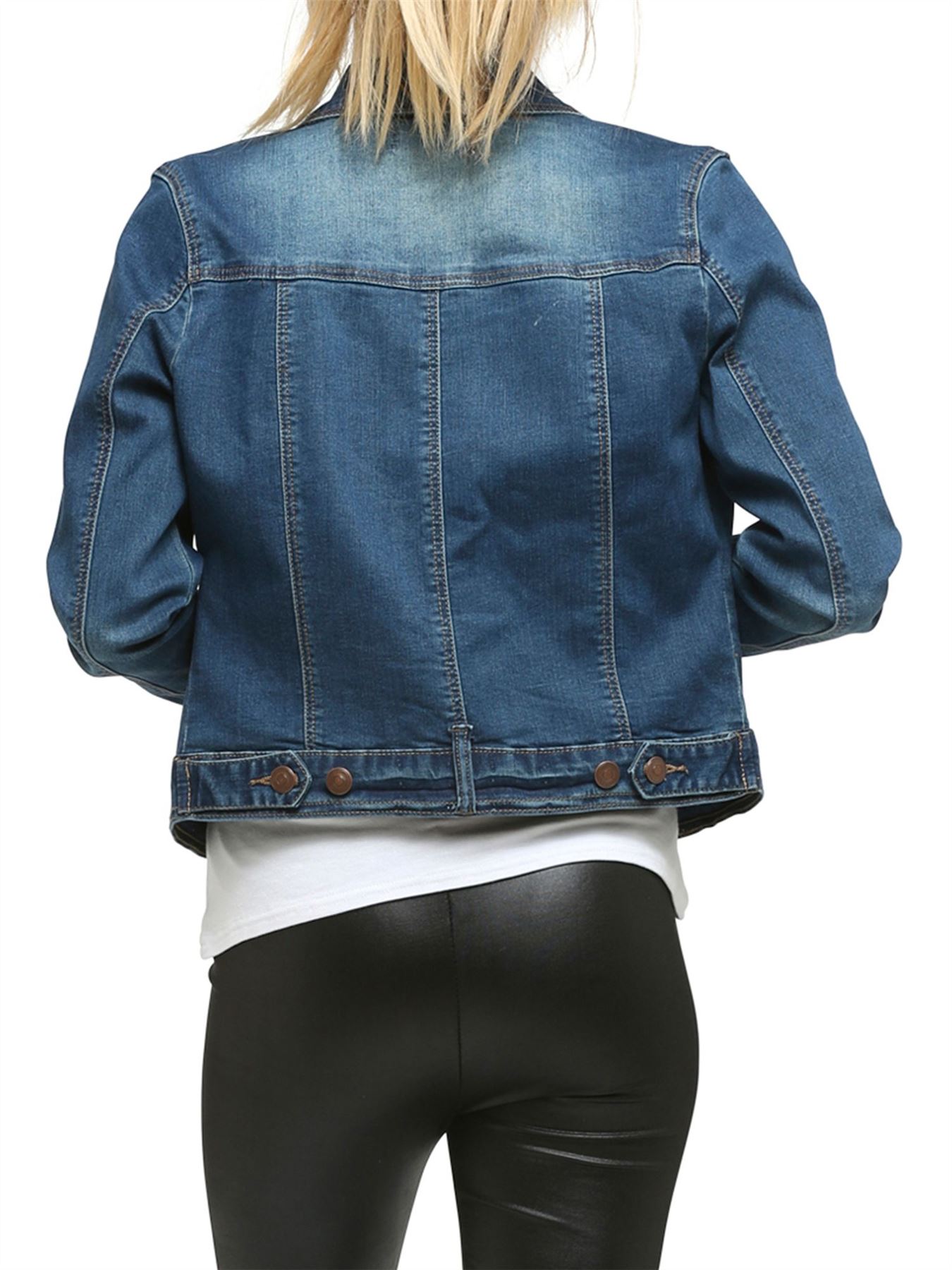 Womens Sleeve Vintage Wash Waistcoat Denim Jean Jacket Stretch Long