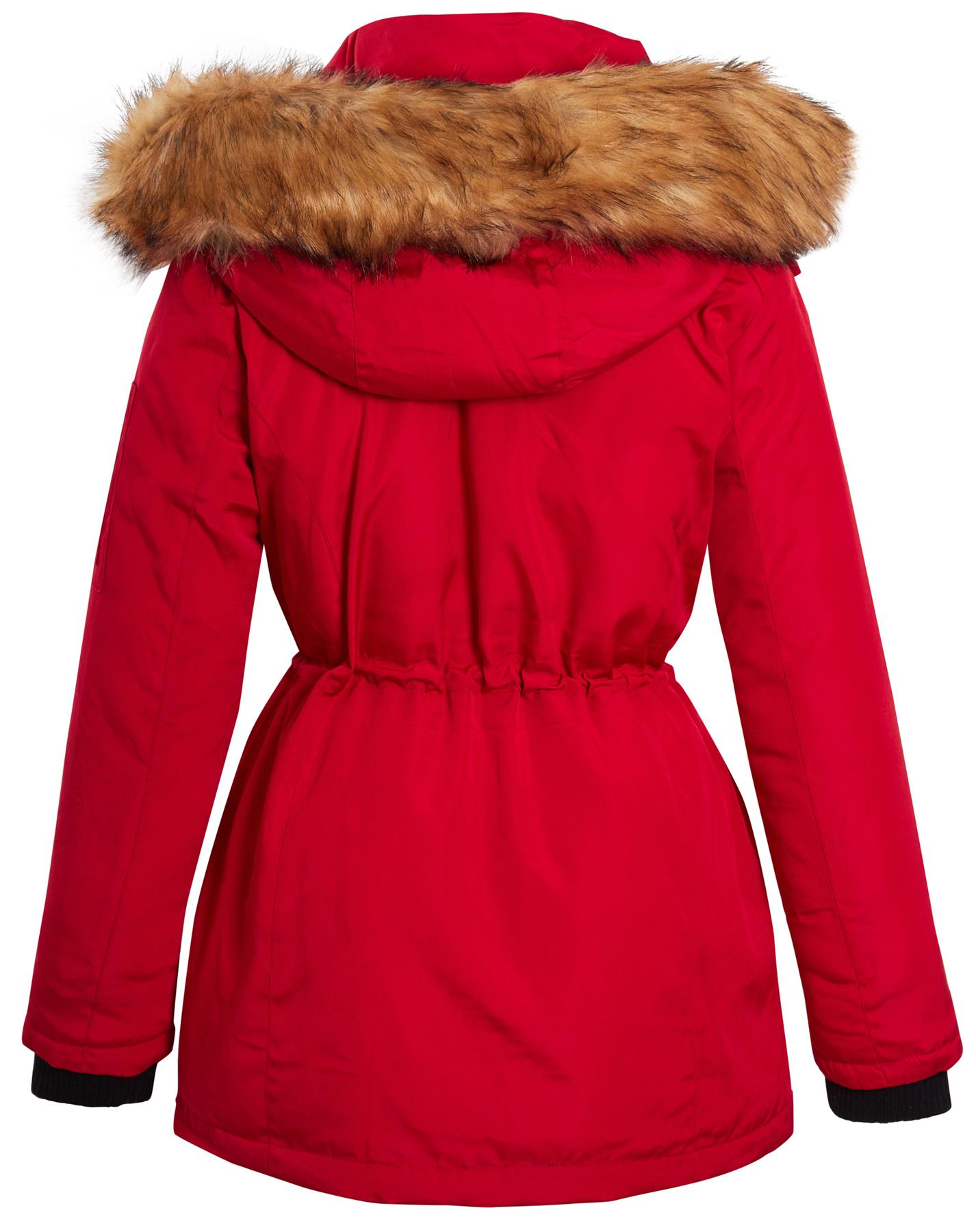 Ladies Ski Longline Jacket Padded Parka Faux Fur Hood Hooded Coat Size