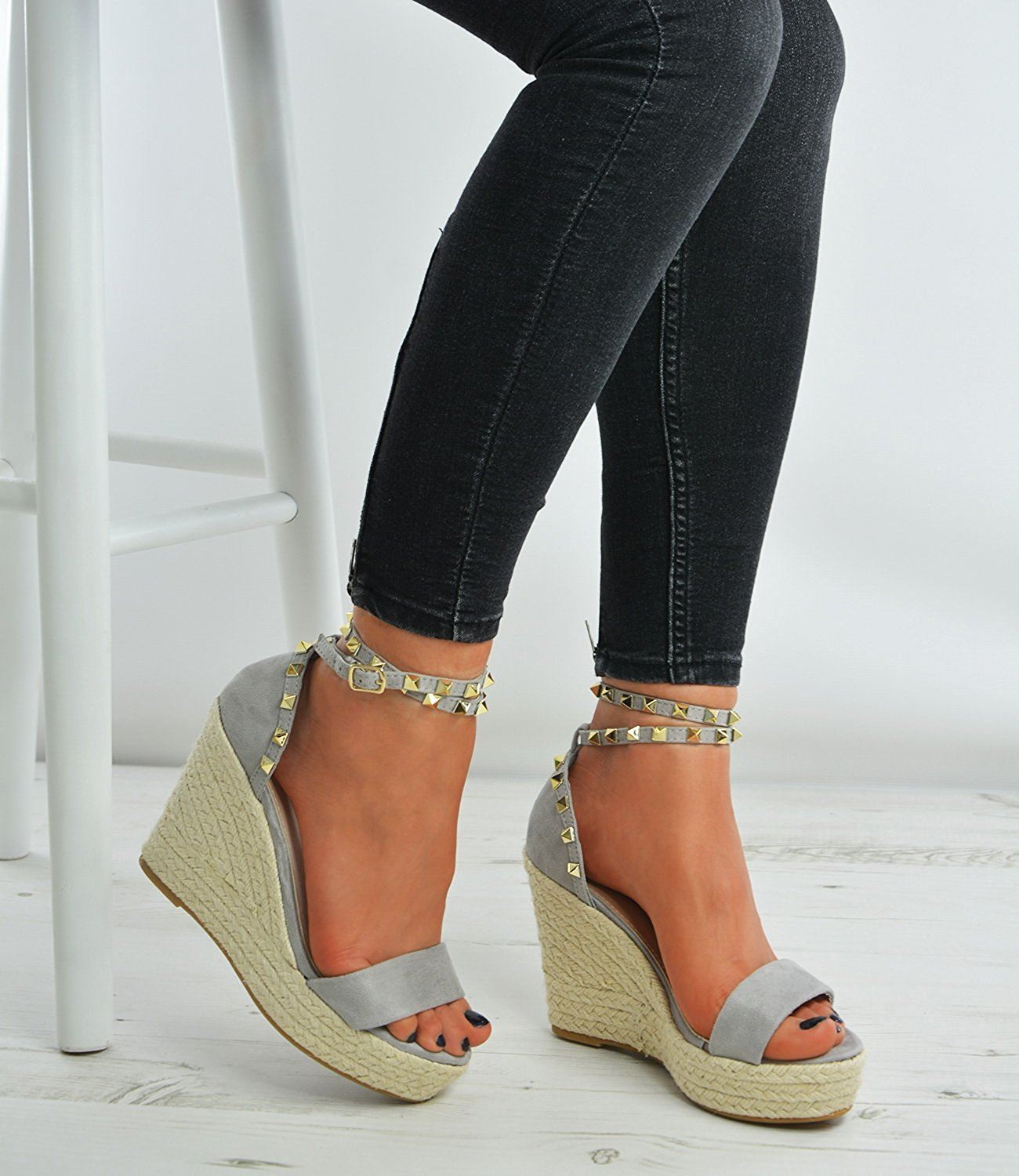 New Womens Suede Effect Studded Ankle Strap Wedge Espadrille Heels Shoes