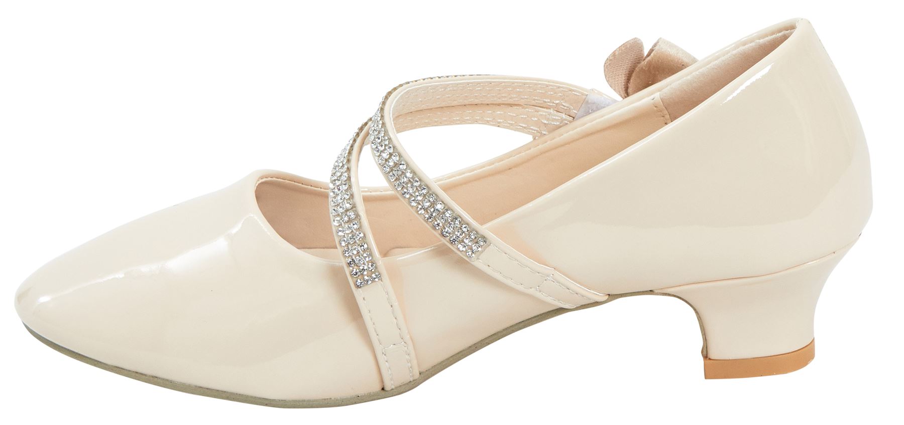 Kids Girls Diamante Patent Embellished Low Mid Heel Party Bridesmaid Shiny Shoes