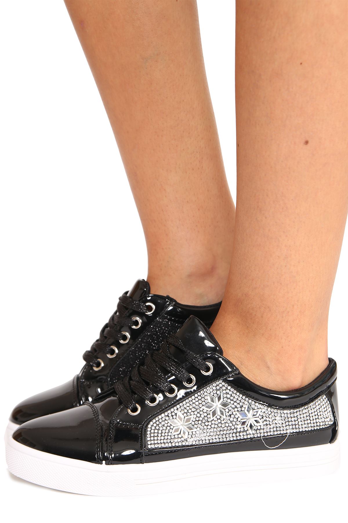 New Womens Metallic Gloss Diamante Star Lace Up Classic Fit Trainers Shoes