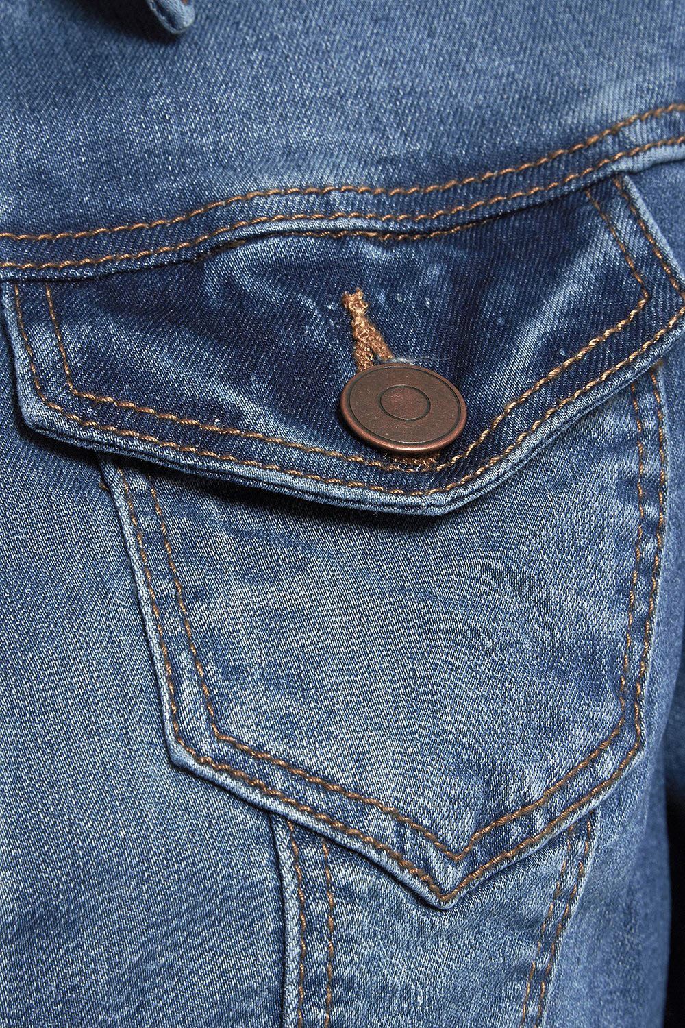 Womens Sleeve Vintage Wash Waistcoat Denim Jean Jacket Stretch Long