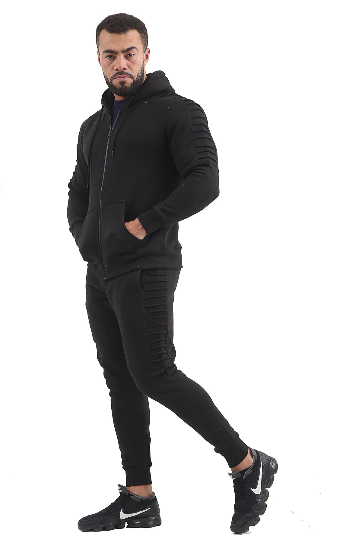 Mens Slim Fit Gather Detail Gym Jogging Casual Bottoms Zip Up Hoodie Tracksuit