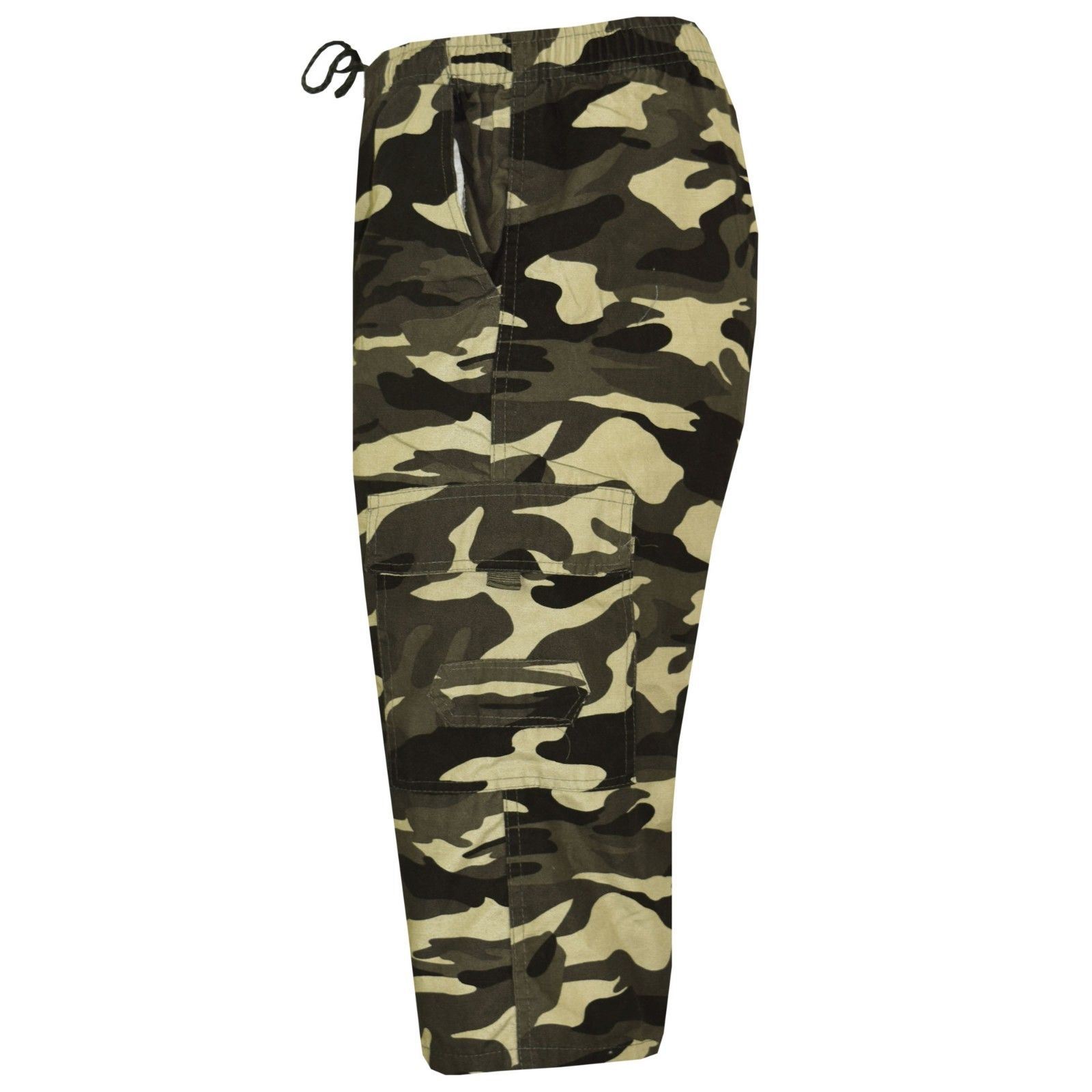 Mens 3//4 Army Elasticated Waist Long Shorts Military Combat Cargo Pockets Camo