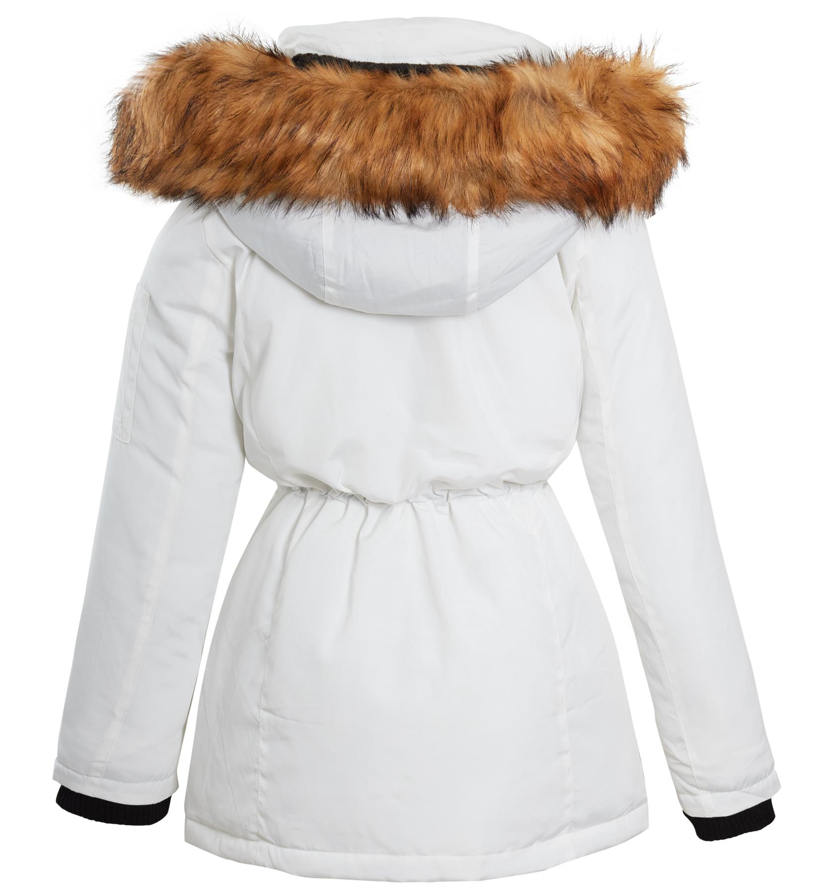 Ladies Ski Longline Jacket Padded Parka Faux Fur Hood Hooded Coat Size