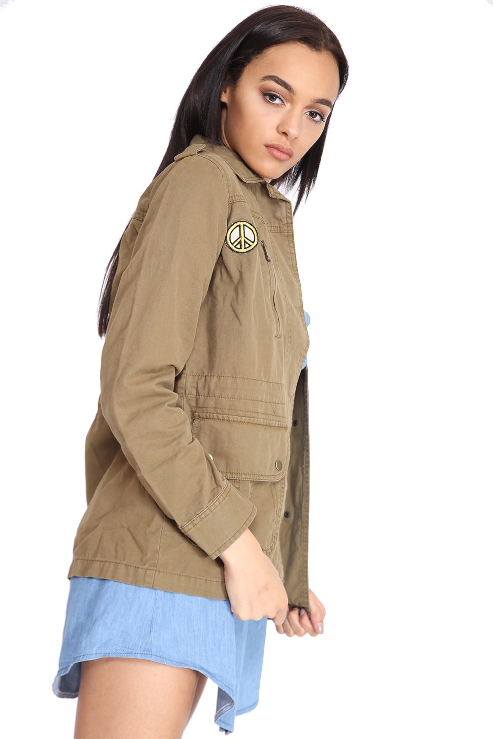 New Womens Cotton Plain Badged Fashion Army Jacket Coat Duffel