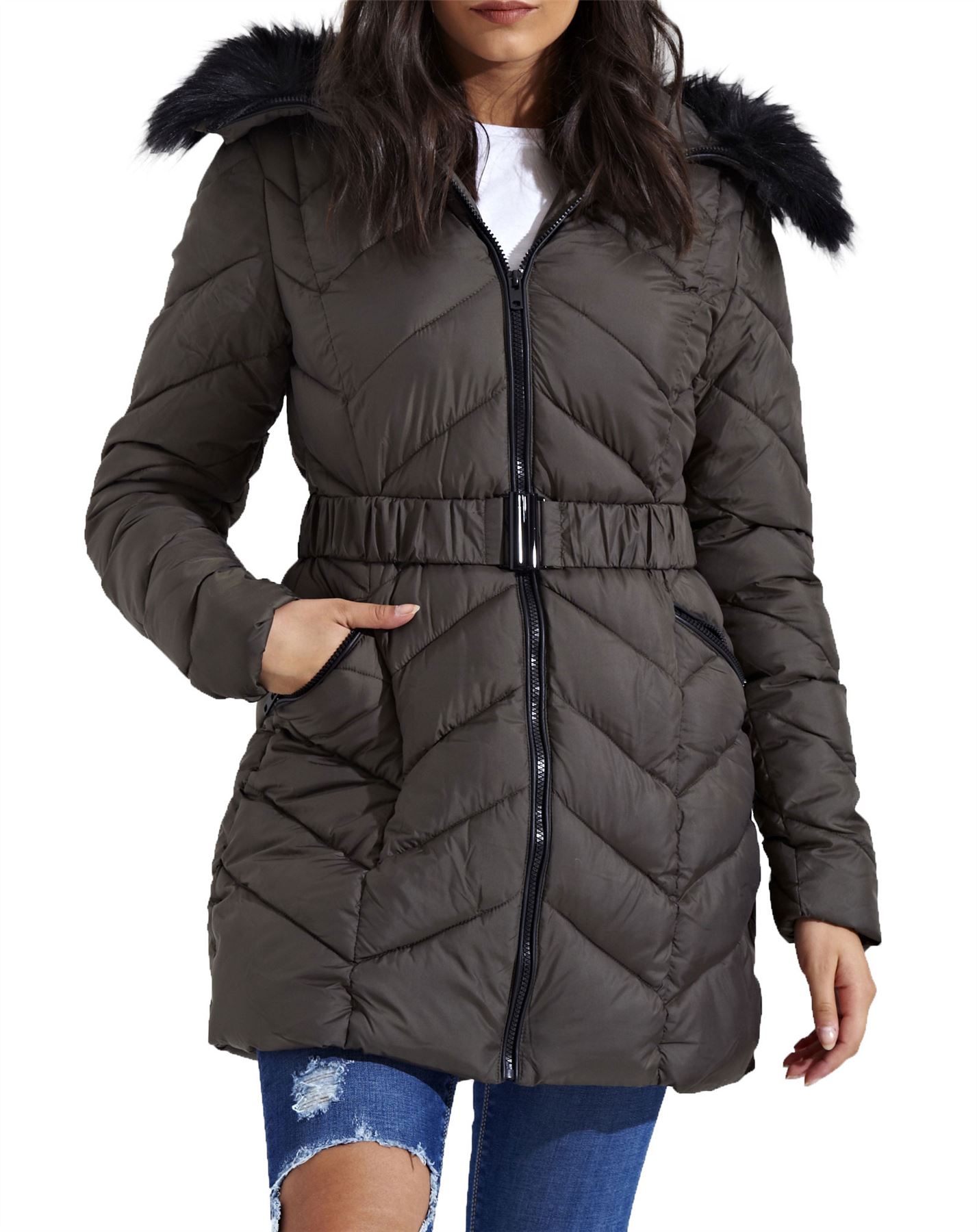 New Womens Padded Zig Zag Quilted Puffer Long Fur Hood Premium Parka Coat Jacket