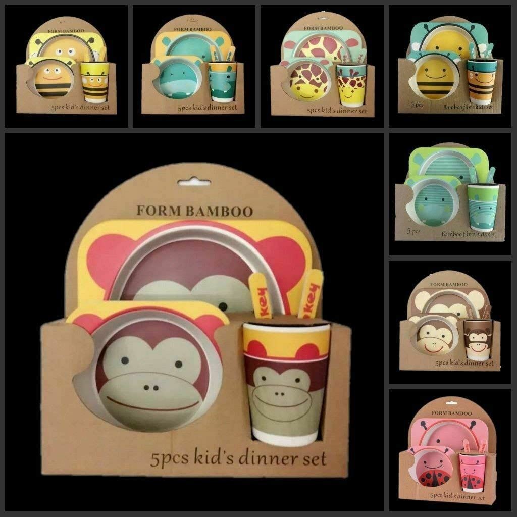 Set Of 5 PCS Baby Kids Tableware Bamboo Ware Dinner Breakfast Eco Dish Bowl Cup