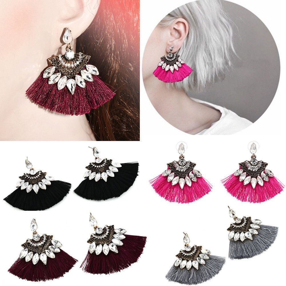 Diamante Crystal Rhinestone Tassels Ear stud Dangle Drop Earrings Women Jewelry