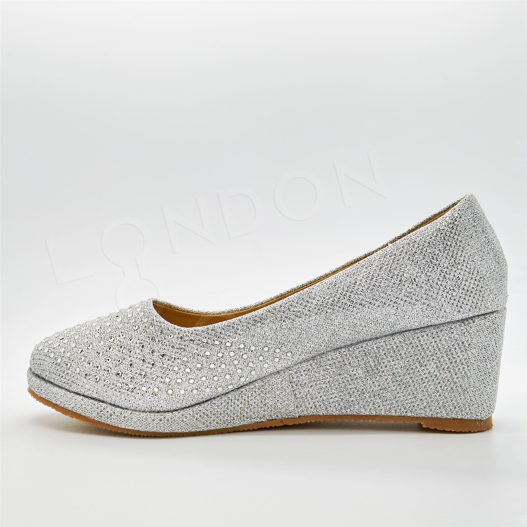 New Girls Diamante Low Wedge Heel Court Shoes Party Evening Wedding Slip On Size
