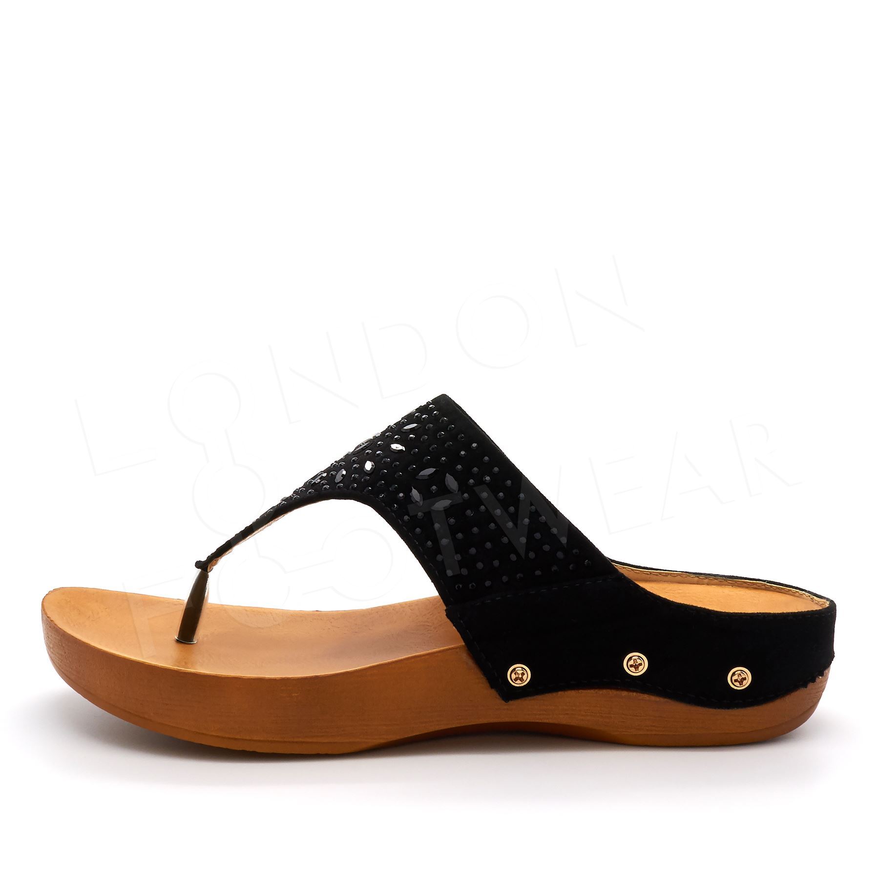 Ladies Flat Low Wedge Diamante Flip Flops Womens Summer Beach Toe Post Sandals