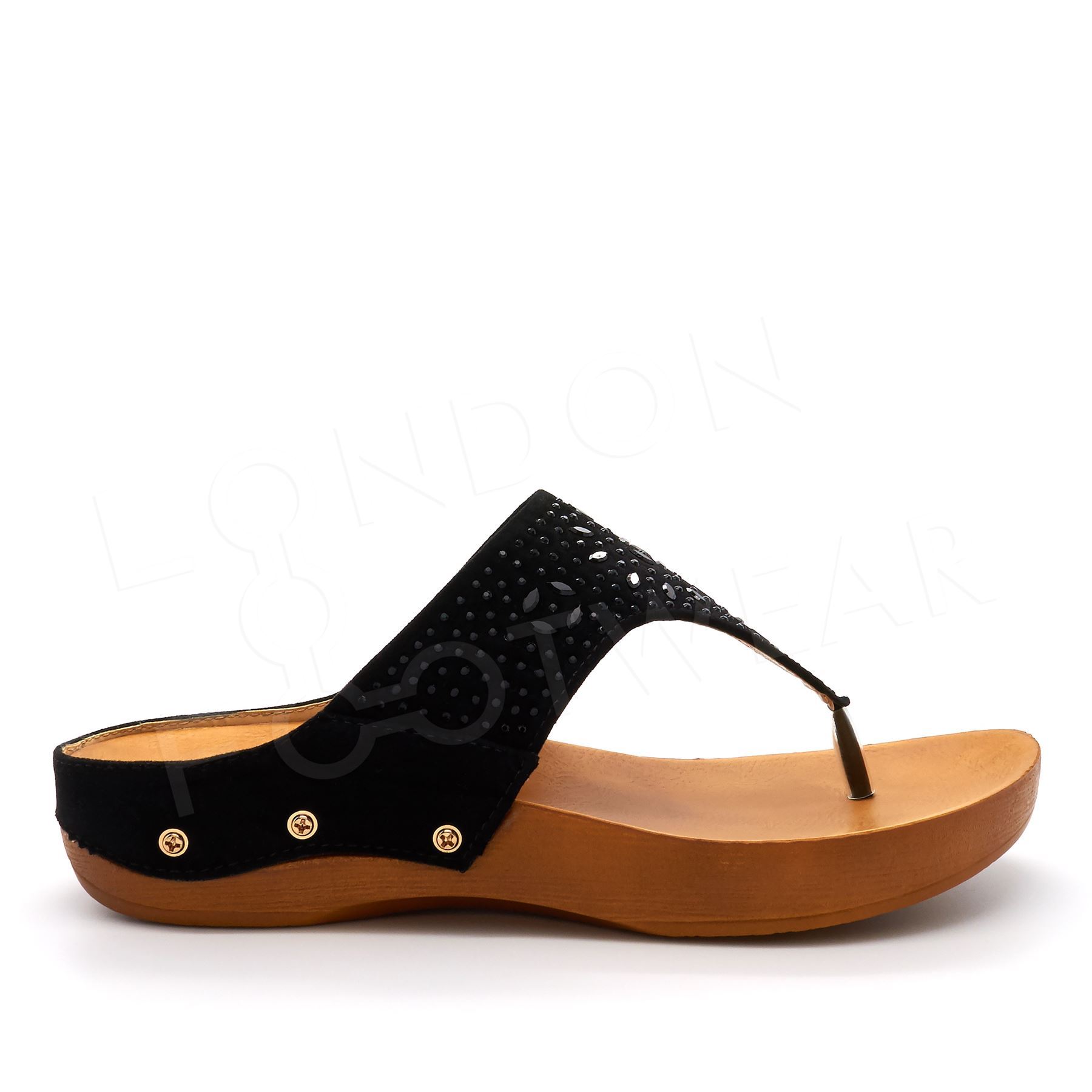Ladies Flat Low Wedge Diamante Flip Flops Womens Summer Beach Toe Post Sandals