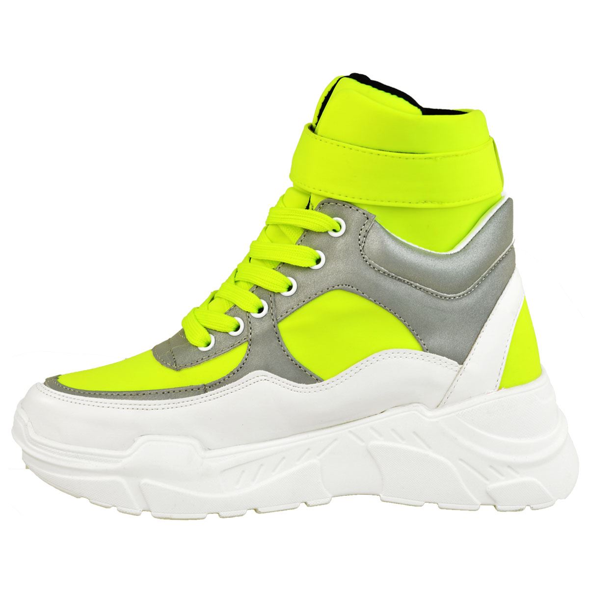 Womens Ladies Hi High Top Sneakers Trainers Chunky White Neon Yellow Pink Size