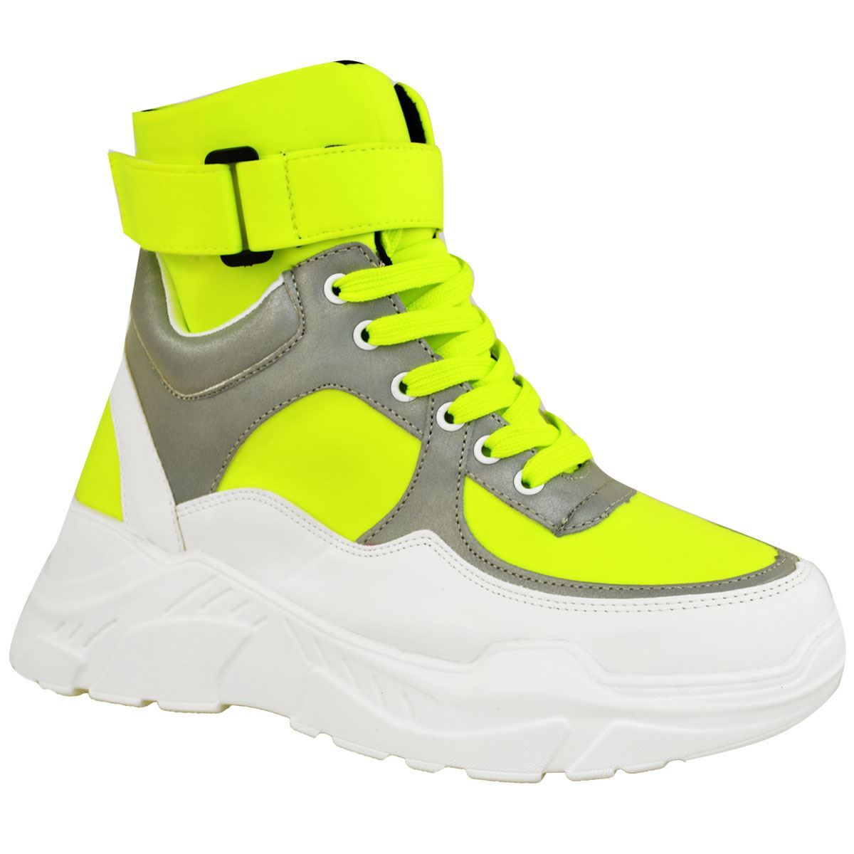 Womens Ladies Hi High Top Sneakers Trainers Chunky White Neon Yellow Pink Size