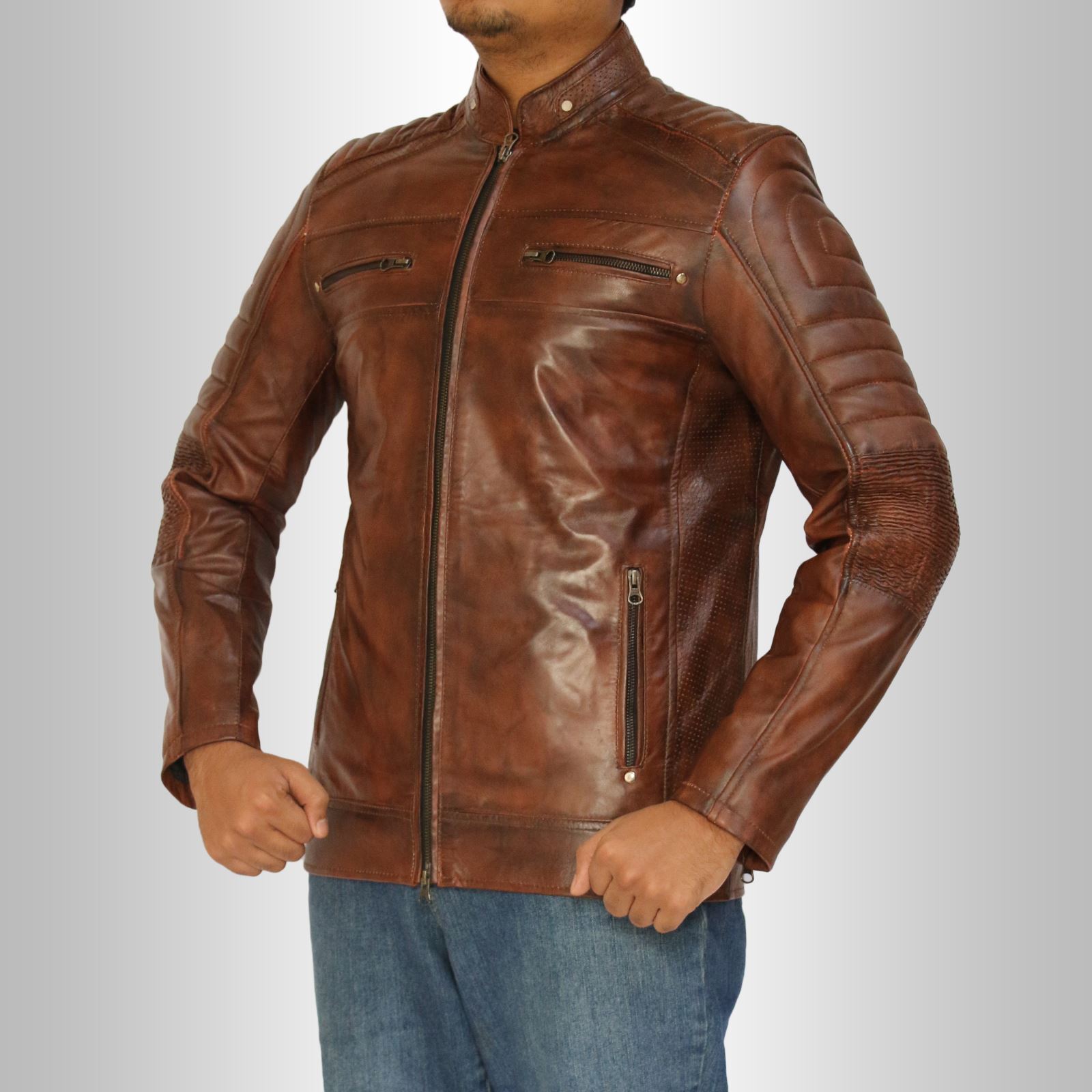 Men/'s Biker Vintage Motorcycle Distressed Brown Cafe Racer Leather Jacket