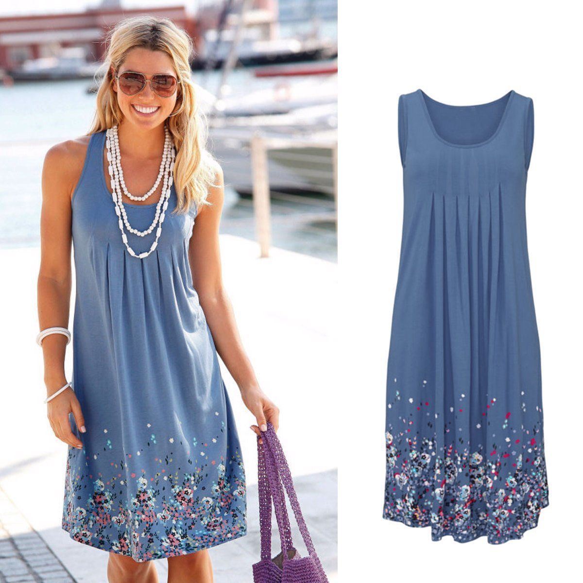 Da Donna Estate Senza Maniche Floreale Boho Festa spiaggia Loose Midi Donna Abito Lungo
