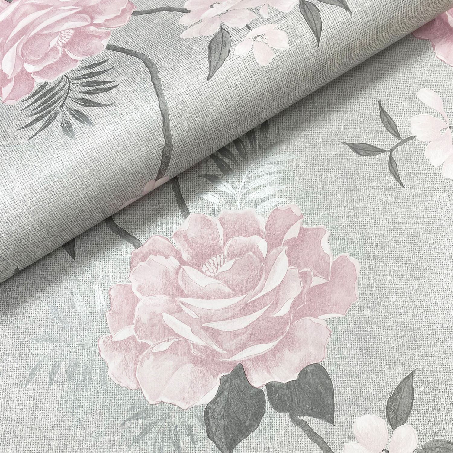Muriva Rosalind Floral Rose Trail Metallic Silver Highlights Wallpaper