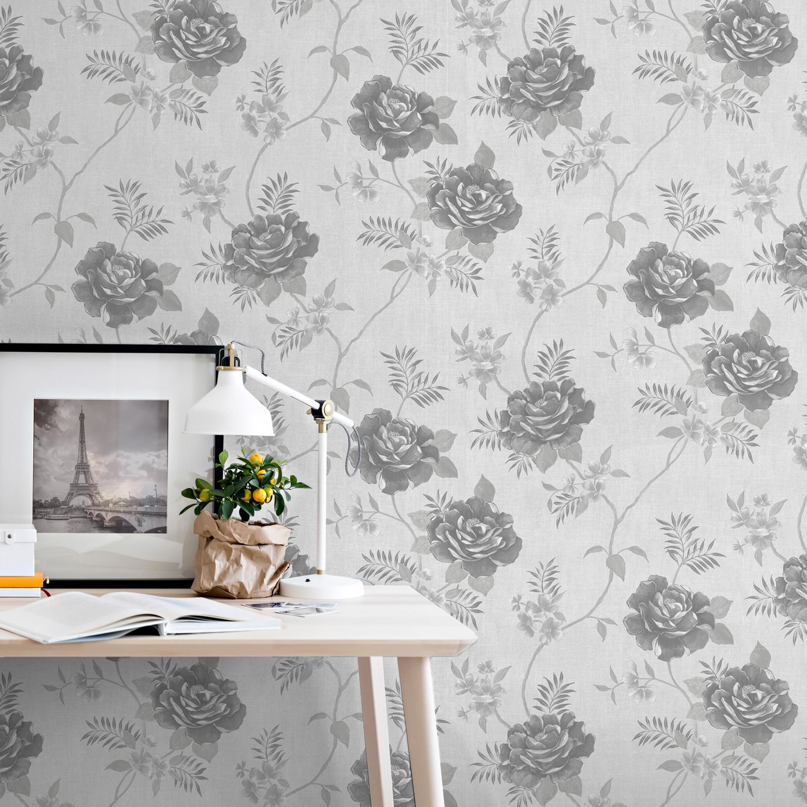 Muriva Rosalind Floral Rose Trail Metallic Silver Highlights Wallpaper