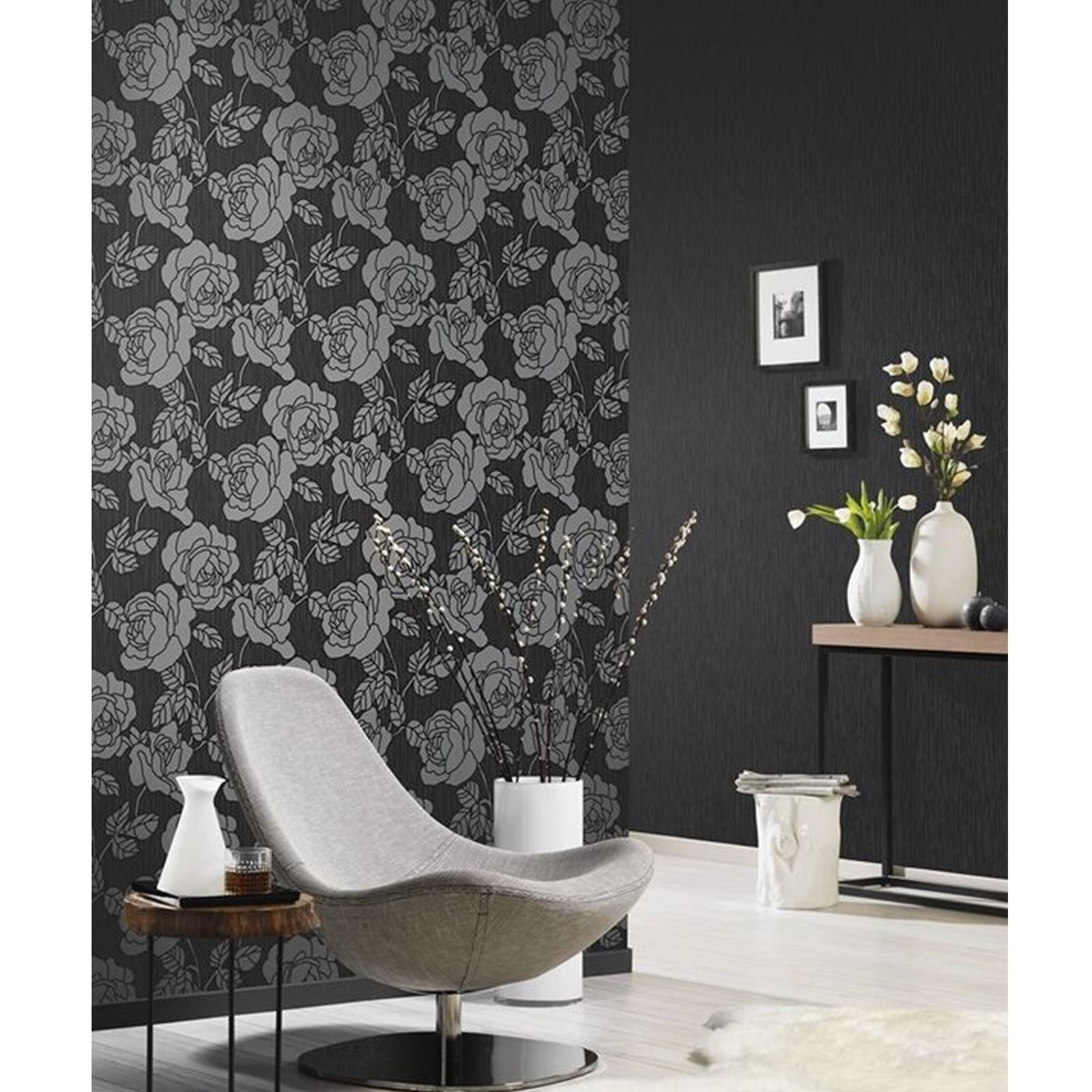 P S Papel pintado floral Opal con función de Brillo destacados Negro Gris Crema Pared