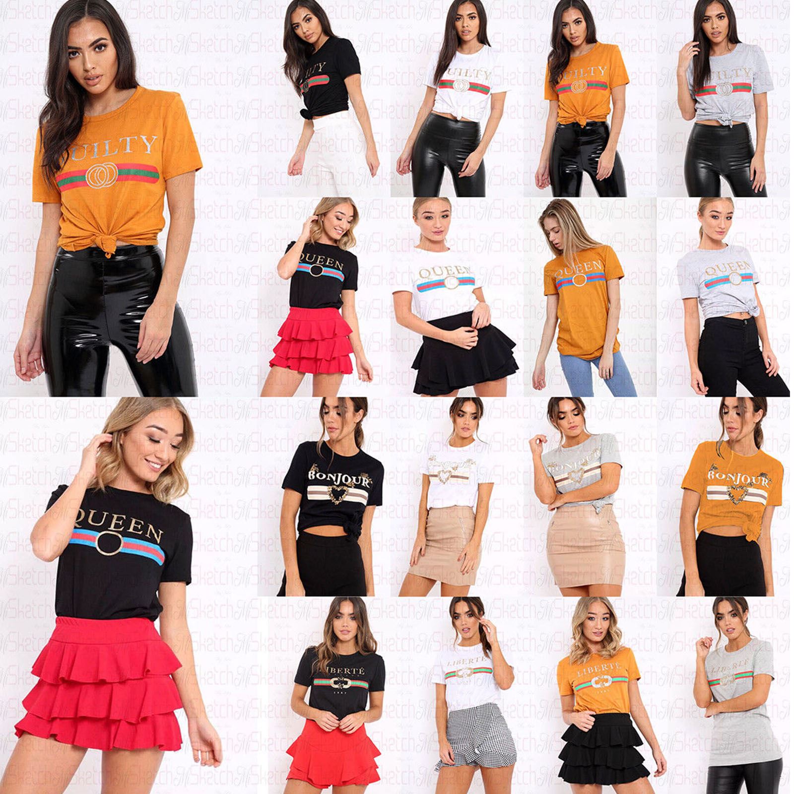 Women Ladies QUEEN BONJOUR GUILTY Slogan Celeb Novelty Tops Vintage T Shirt 8-26