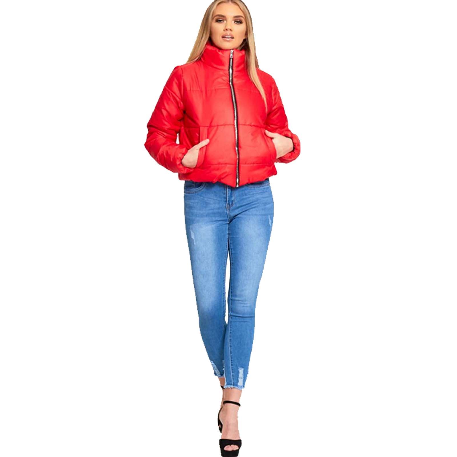 Ladies Women High Neck Thick Warm Zip Up Cropped Puffer Jacket Padded Parka Coat