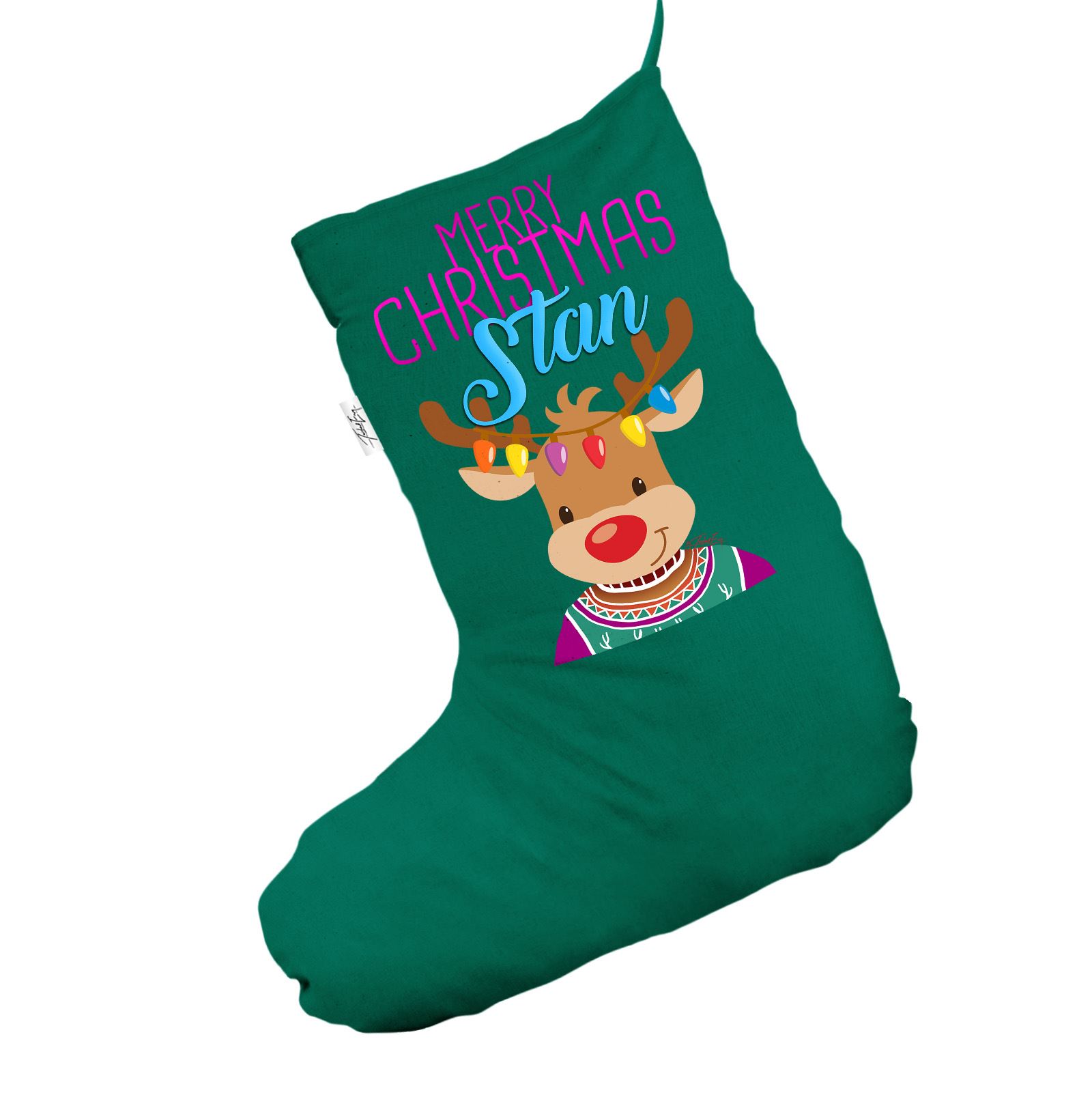 personalised christmas reindeer sweater green christmas stocking