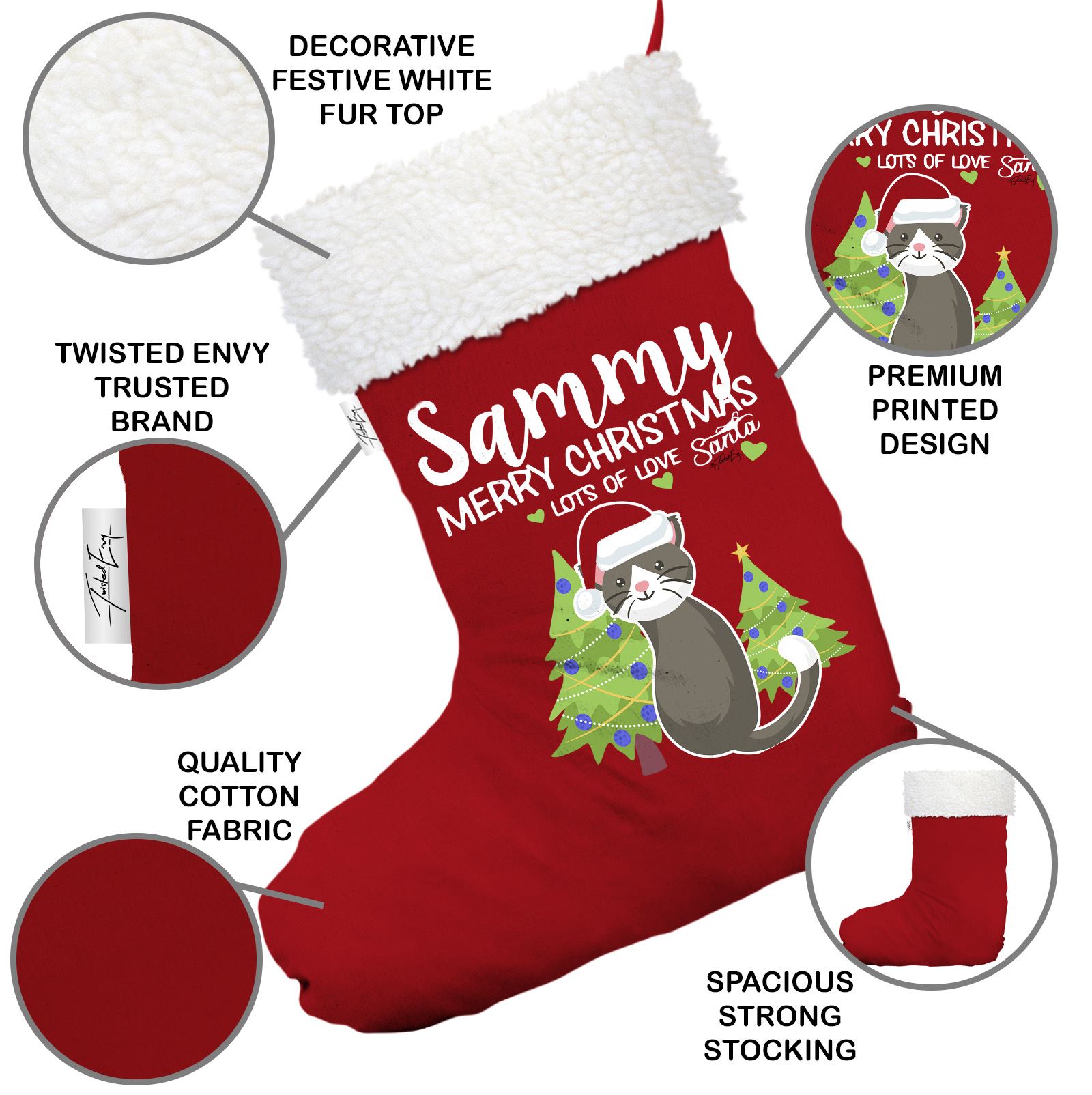 Merry Christmas Cat Trees Personalised Red Christmas Stocking White Trim