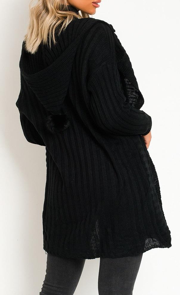 Womens Ladies Knitted Hooded Pom Pom Hood Longline Cardigan Jumper Jacket Top